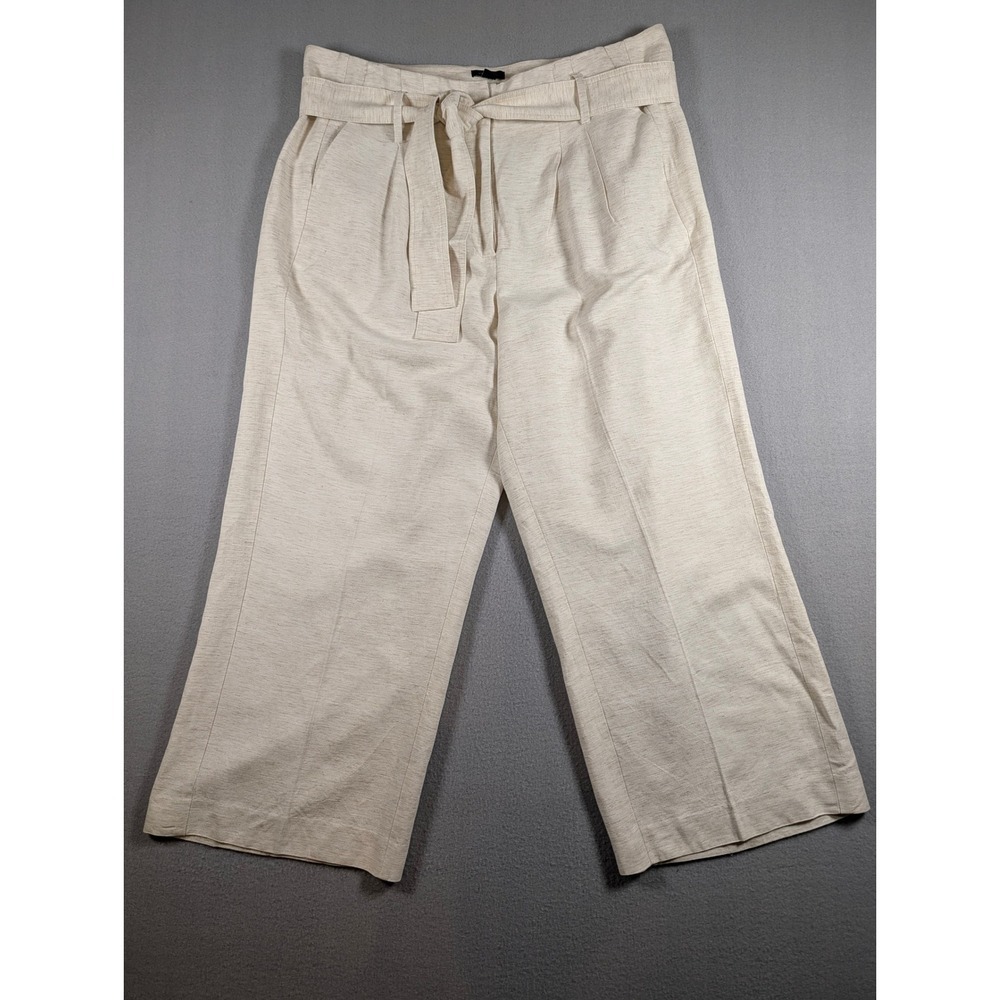 Ann Taylor Womens 12 Linen Blend Wide Leg Crop Pants Cream Belted High Rise